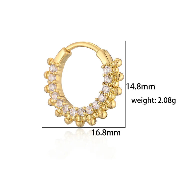 Gold hoop earring with embedded stones, showing dimensions and weight on a white background.