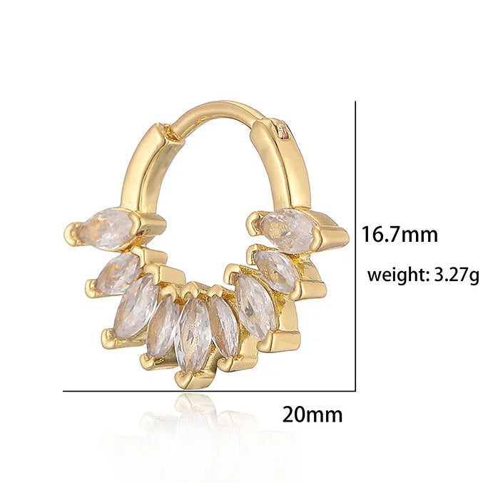 Gold hoop earring with clear stones and measurements on a white background