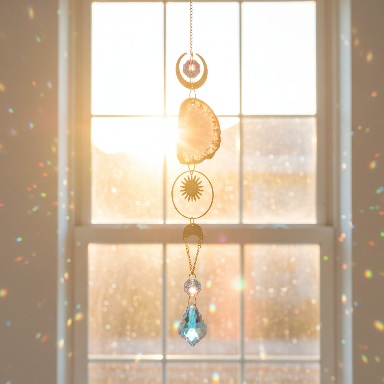 Decorative hanging ornament with crystals on a white background