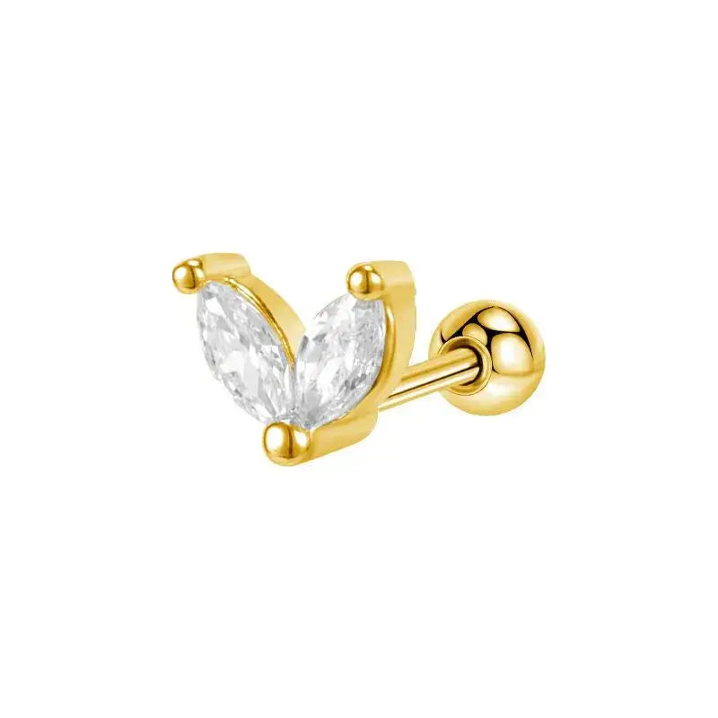 Gold earring with a clear marquise-shaped gemstones on a white background