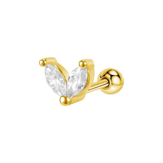 Gold earring with a clear marquise-shaped gemstones on a white background