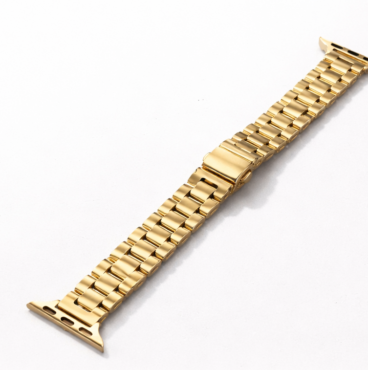 Gold watch strap on a white background with a person wearing a gold watch on a beige background.