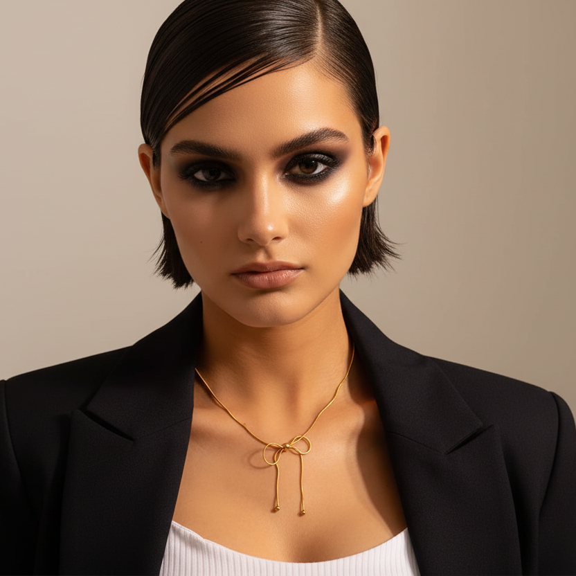 Woman wearing a black blazer and gold necklace against a beige background