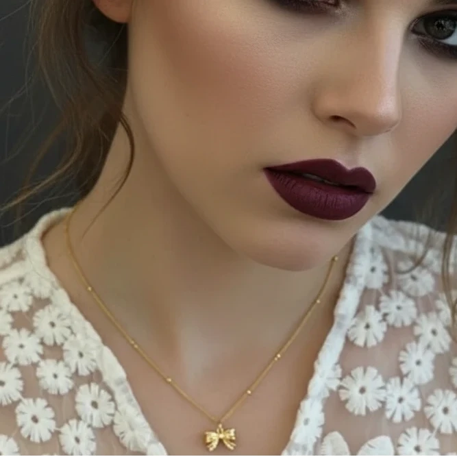 Gold necklace with a bow pendant and matching ring on a floral lace background